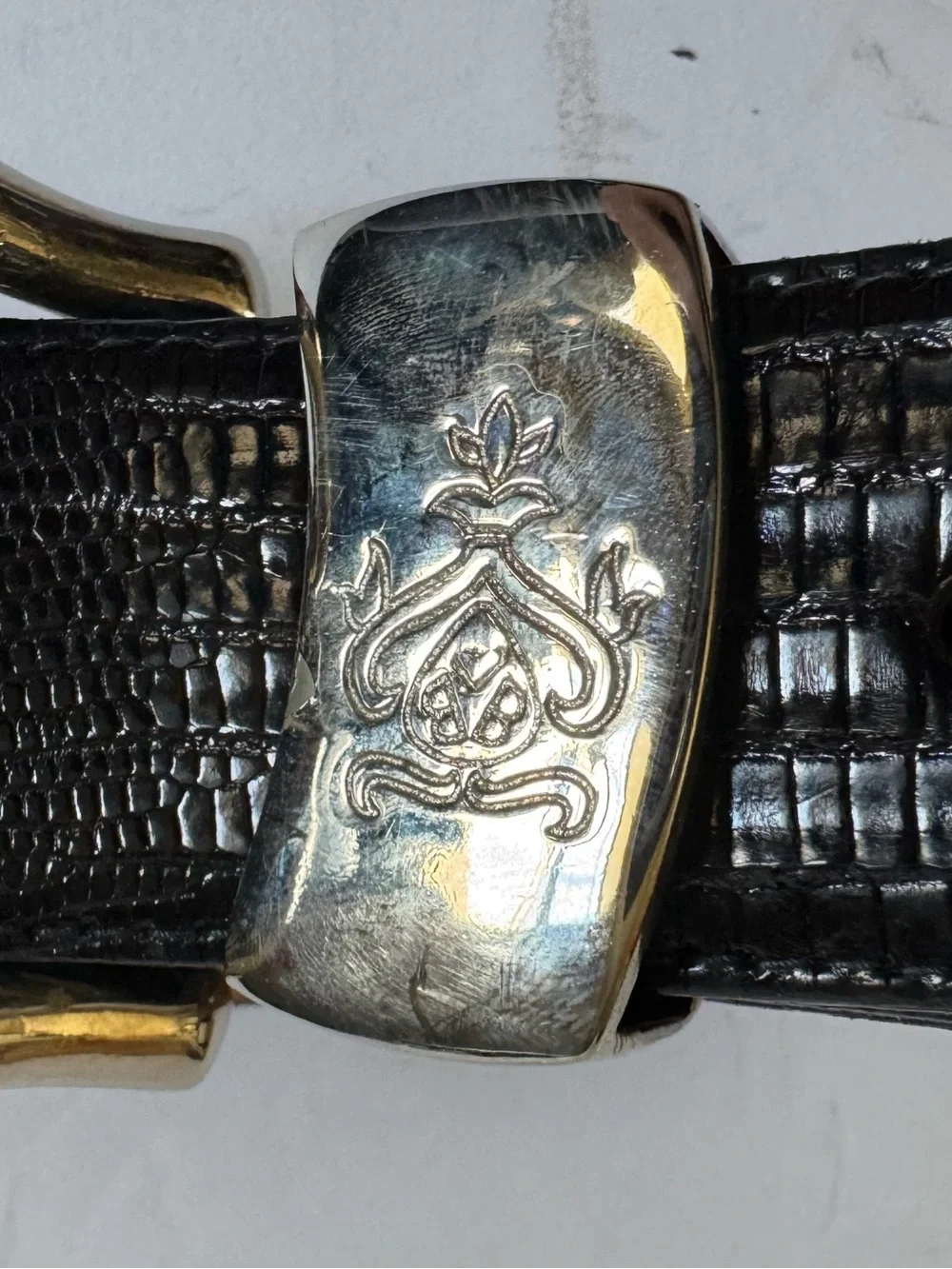 Vintage Brooks Brothers Black Genuine Lizard Leather Belt M Silver Tone Western
